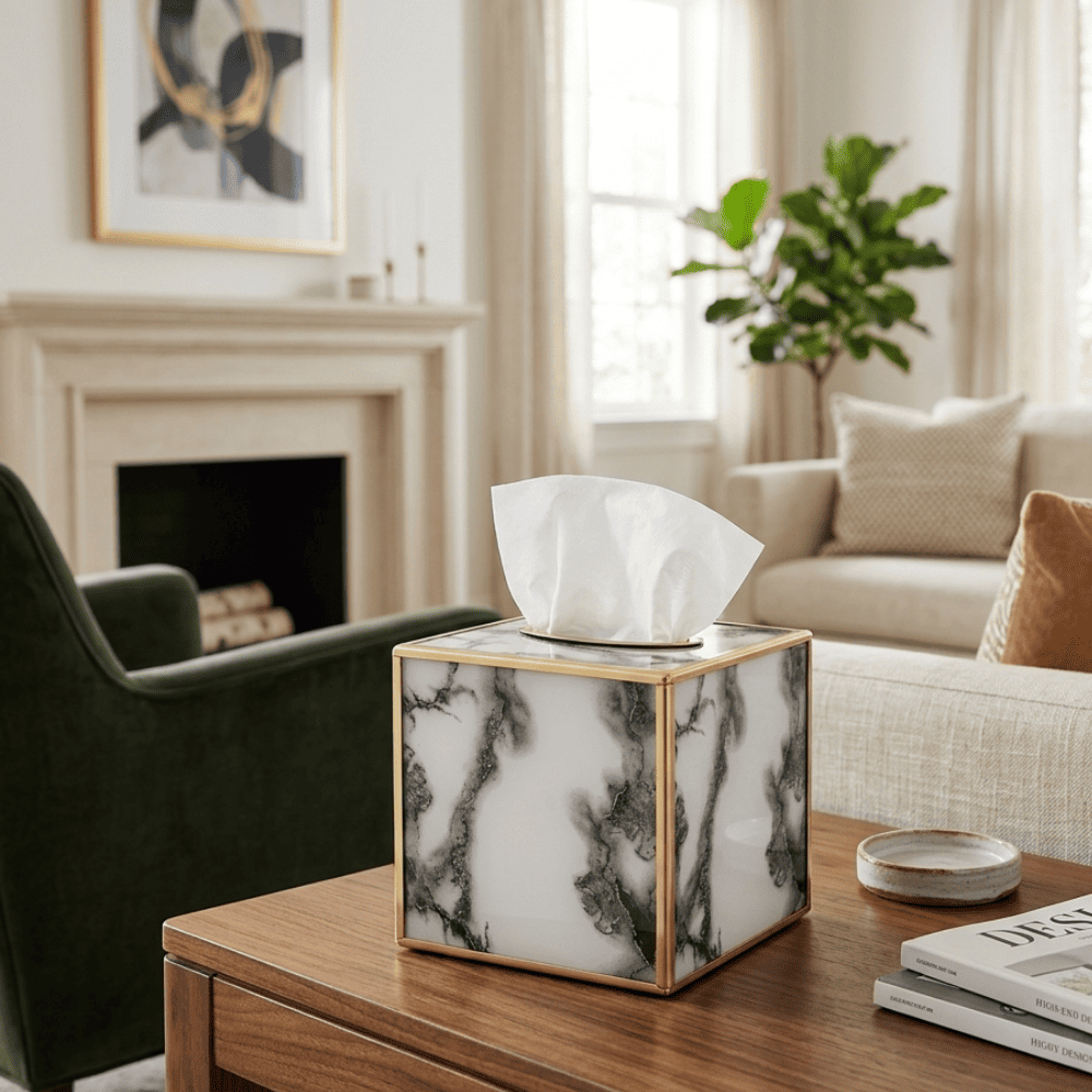 Modern tissue container, cube, gold, stone pattern