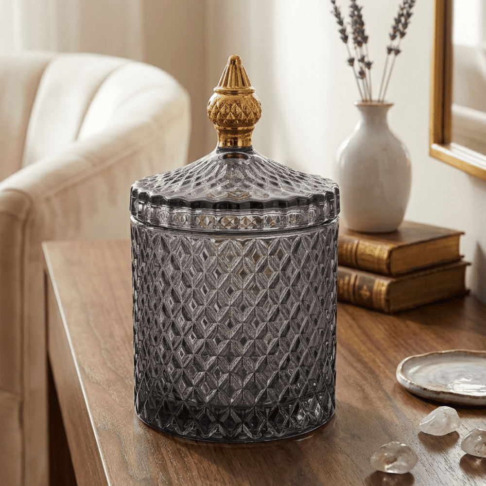 Glass container, smoked, gold, decorative, for accessories, for a dressing table, for jewelry, closed