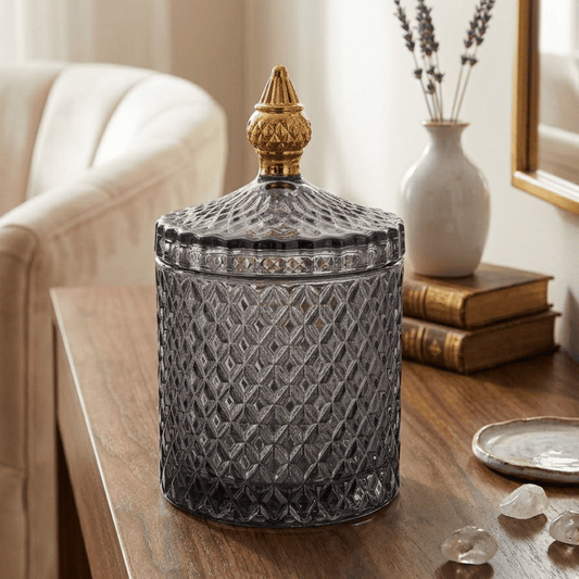 Glass container, smoked, gold, decorative, for accessories, for a dressing table, for jewelry, closed