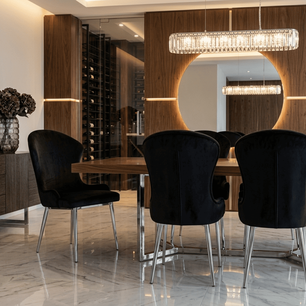 Glamor chair for the dining room, steel straight legs, comfortable, modern, exclusive, black, silver, gold LOUIS