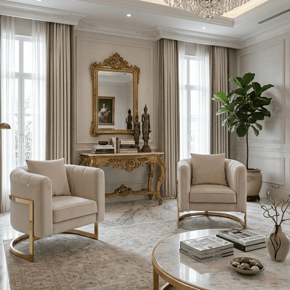 Modern, stylish, designer glamor armchair for the living room and dining room, golden beige BENT