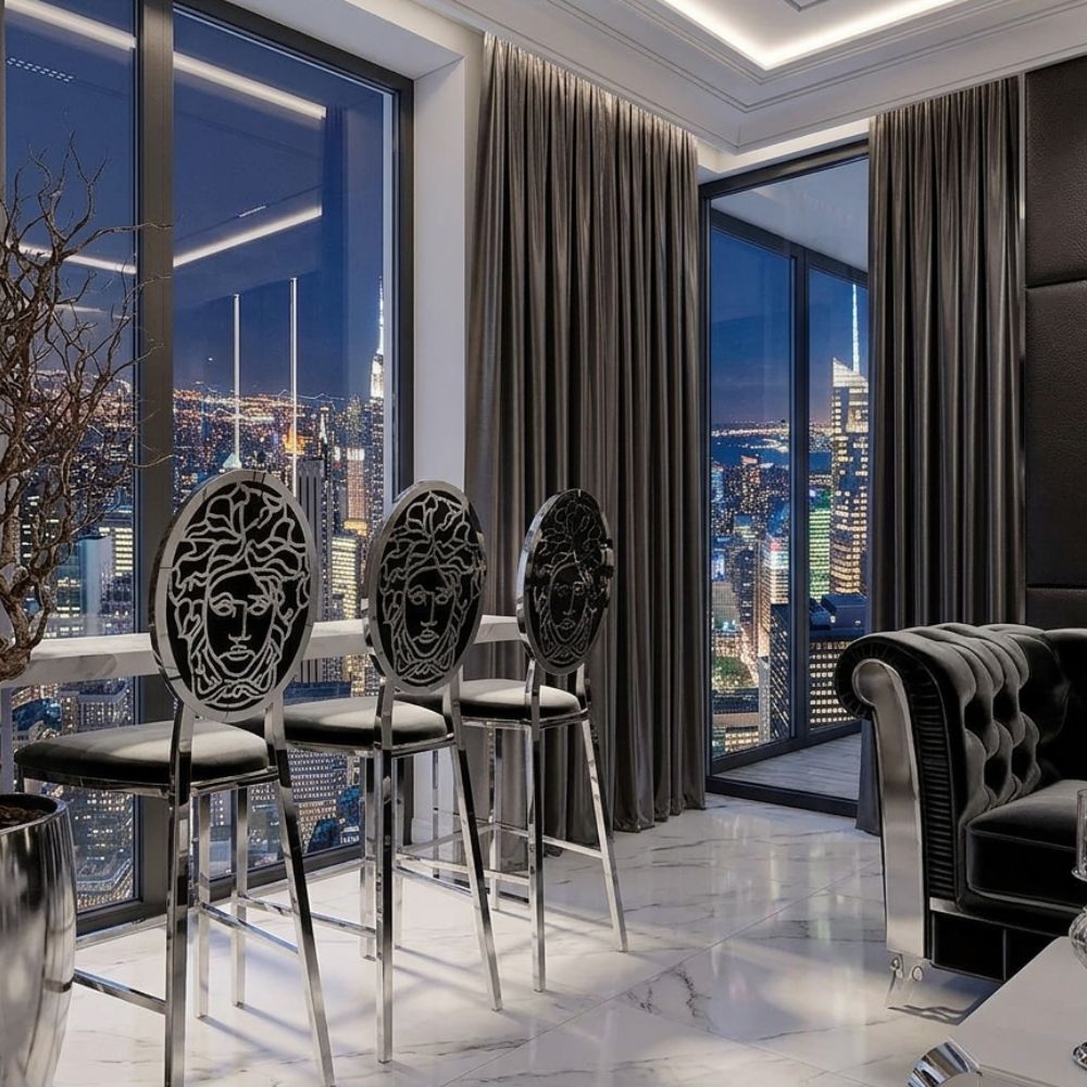 Luxurious bar stool, island stool, modern, glamor, black, silver Medusa