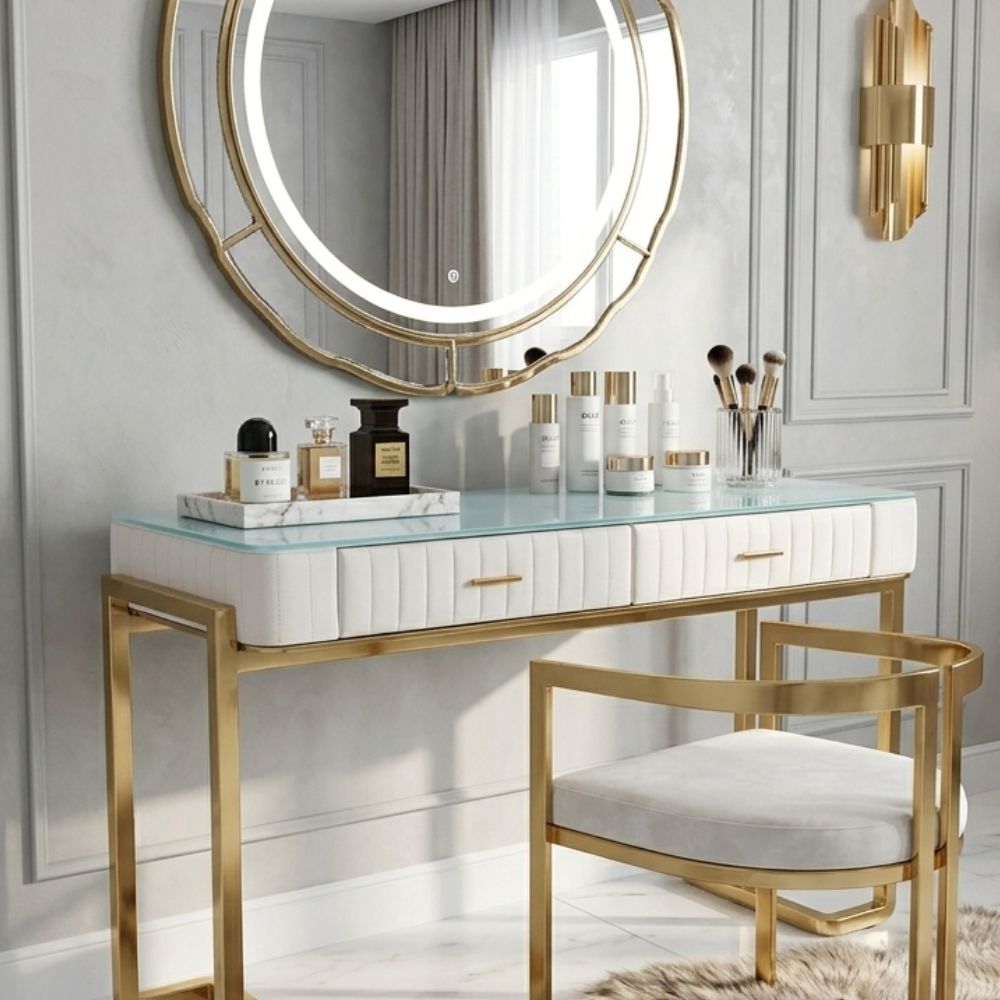 Glamor console, dressing table for the bedroom, for the dressing room, modern, beige, with a drawer, with a gold mirror AMORE