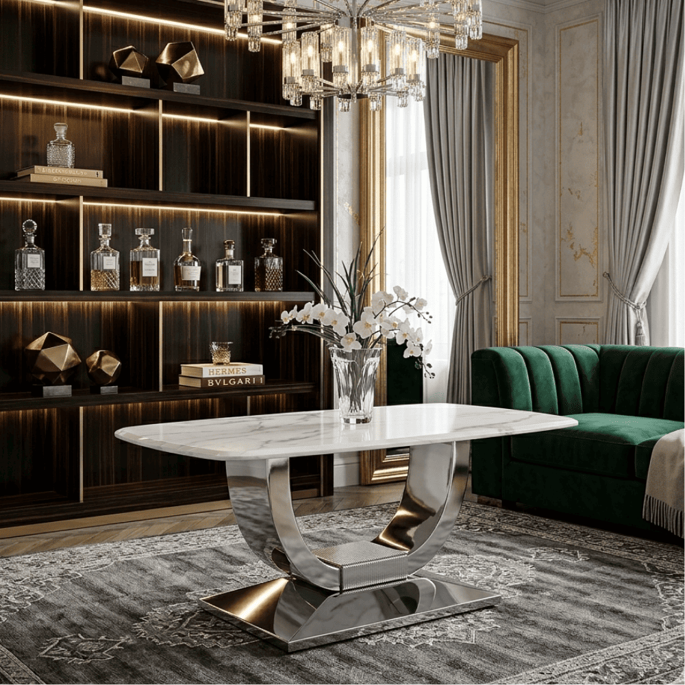 Glamorous coffee table for the living room with a white marble top, silver ART DECO