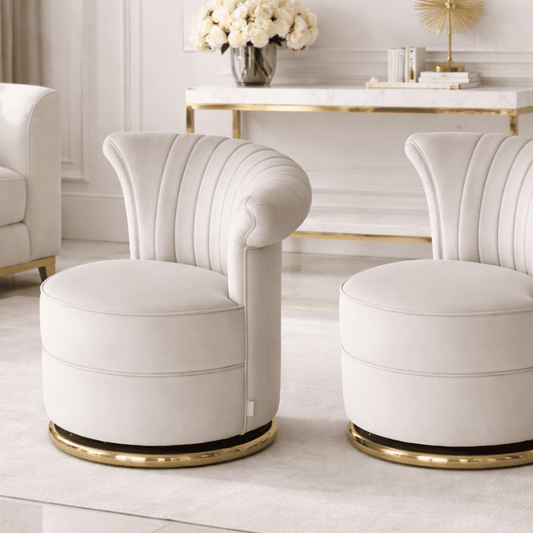 Designer Armchair, velvet, beige, gold FLOWER