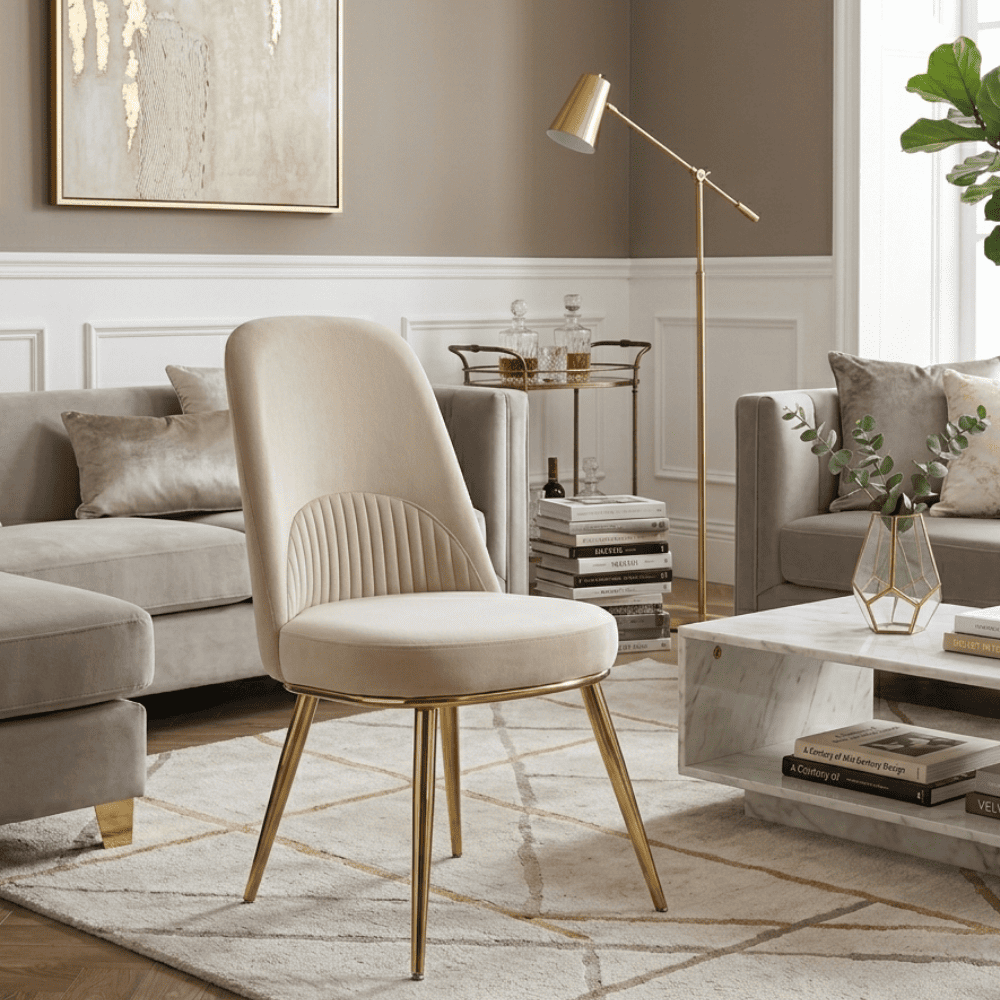 Glamor chair, modern, upholstered, designer, for the dining room, for the dressing table, beige gold SAVOY