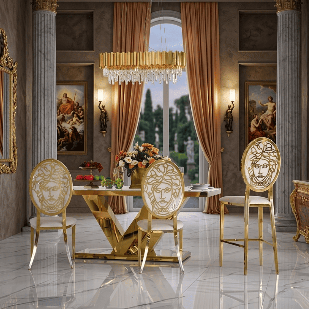 Luxurious, modern, glamor, island stool, beige, gold Medusa