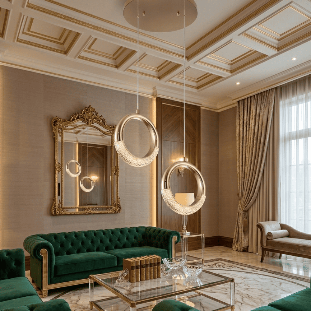 Crystal chandelier, glamor pendant lamp, gold, round, designer, exclusive, double, above the island ROUND DOUBLE