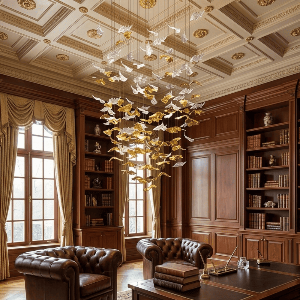 Designer golden glass leaf decoration hanging from the ceiling - LEAF FLOW