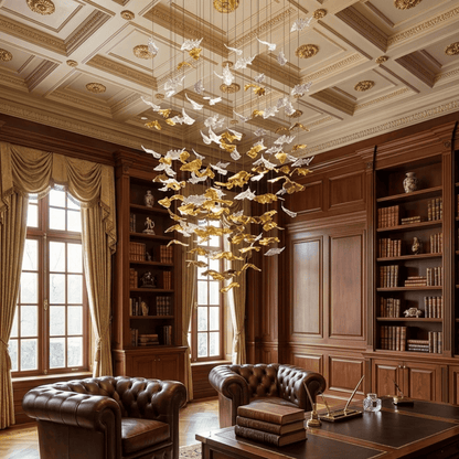 Designer golden glass leaf decoration hanging from the ceiling - LEAF FLOW