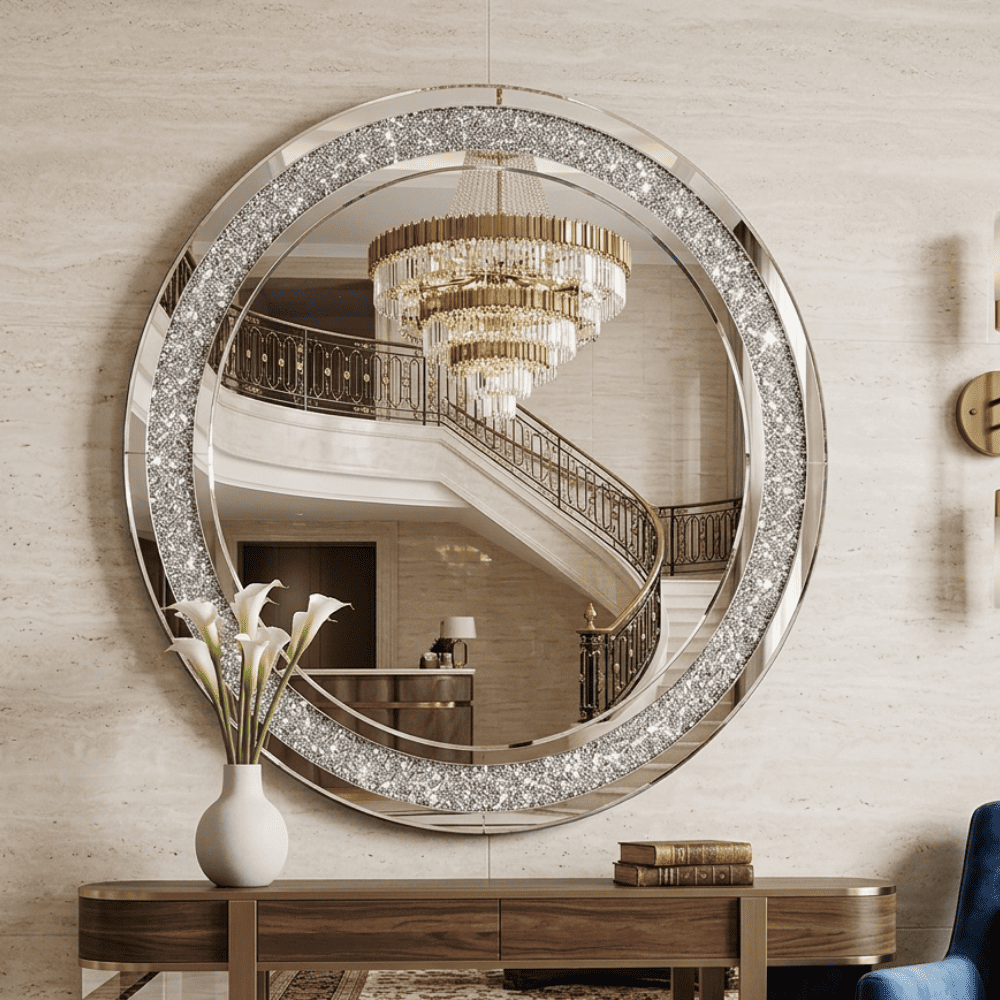 A diamond round mirror in the galmour style PAOLA SILVER