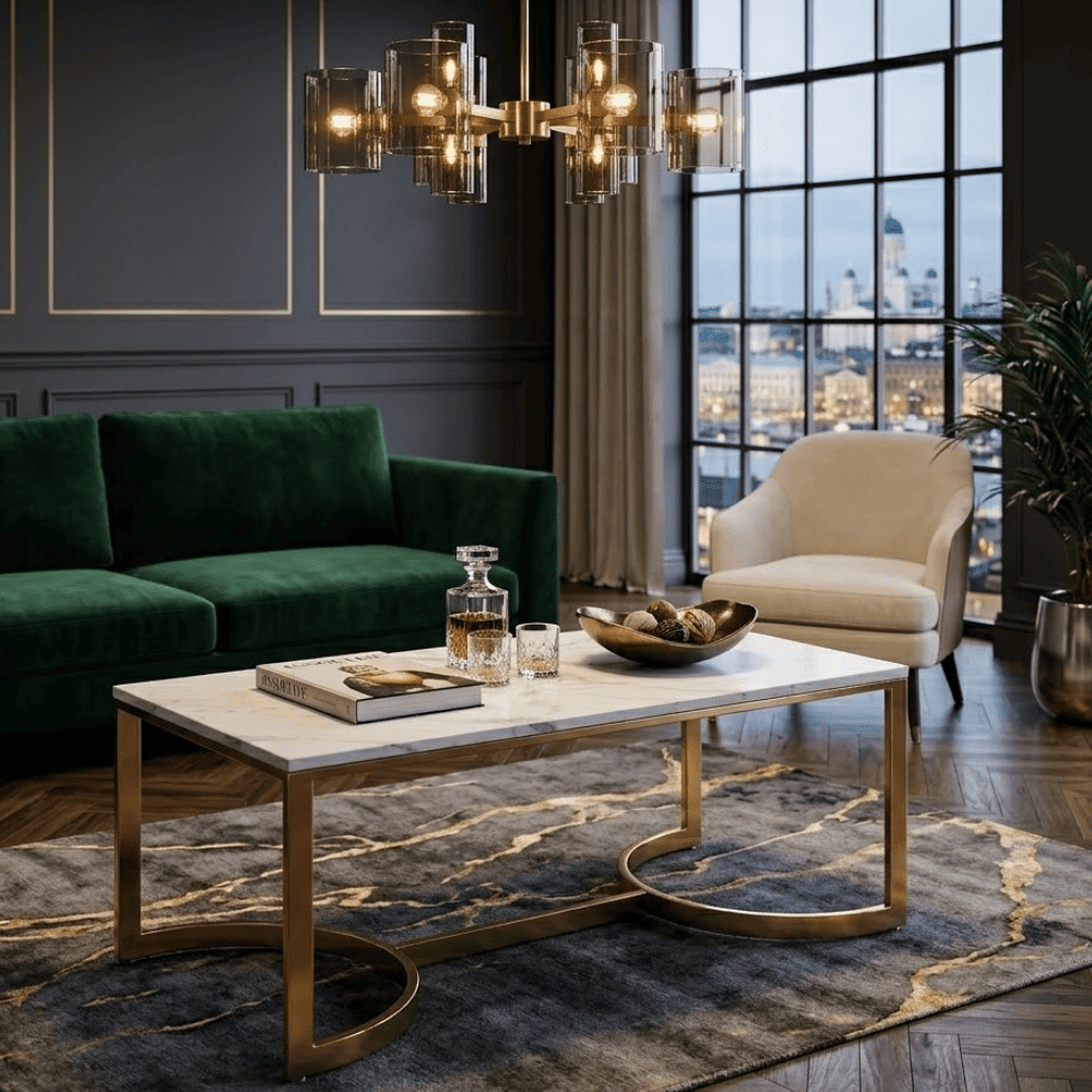 Glamorous coffee table, modern, white marble, gold LOLA table