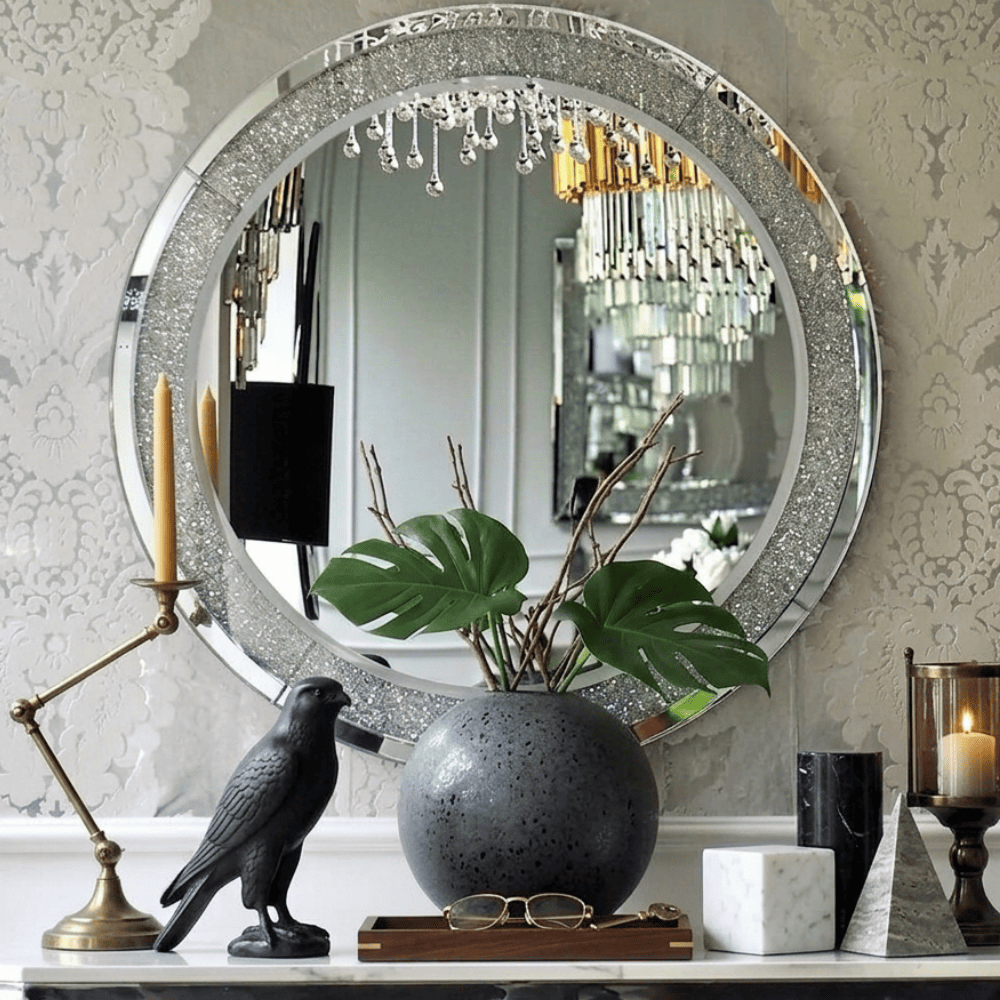 A diamond round mirror in the galmour style PAOLA SILVER