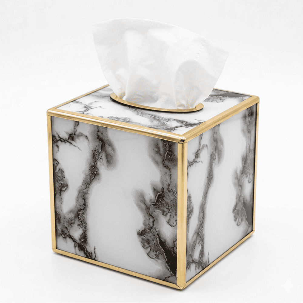 Modern tissue container, cube, gold, stone pattern