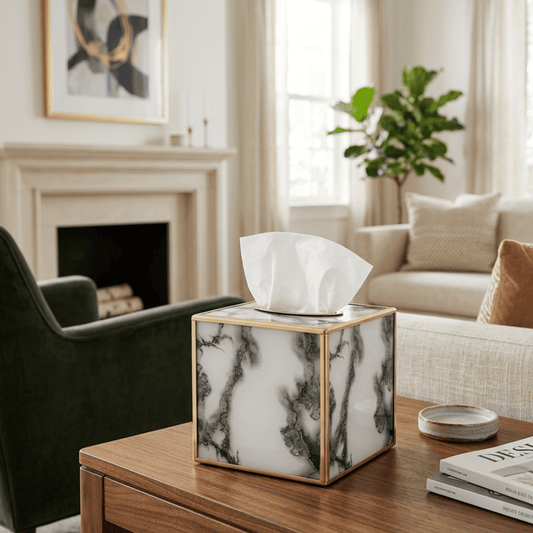 Modern tissue container, cube, gold, stone pattern