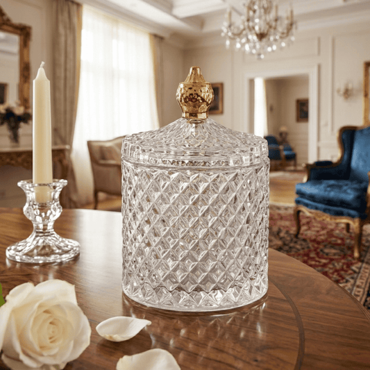 Glass container, smoked, gold, decorative, for accessories, for a dressing table, for jewelry, closed