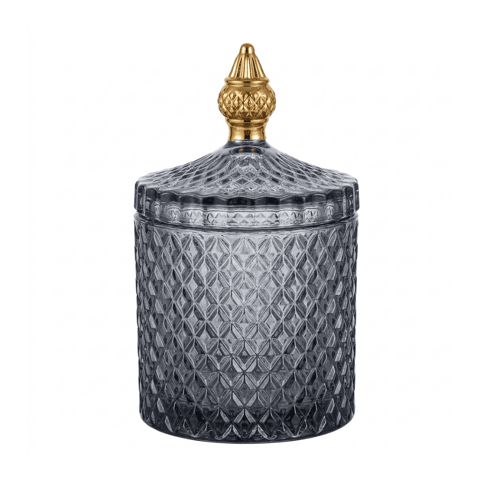 Glass container, smoked, gold, decorative, for accessories, for a dressing table, for jewelry, closed