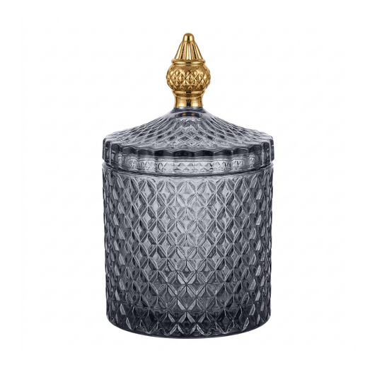 Glass container, smoked, gold, decorative, for accessories, for a dressing table, for jewelry, closed