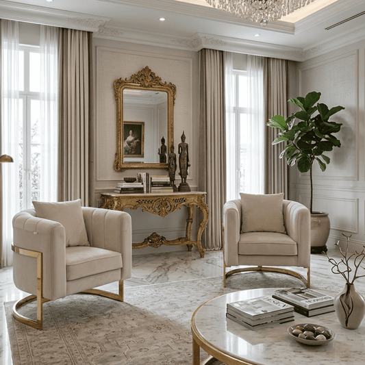 Modern, stylish, designer glamor armchair for the living room and dining room, golden beige BENT