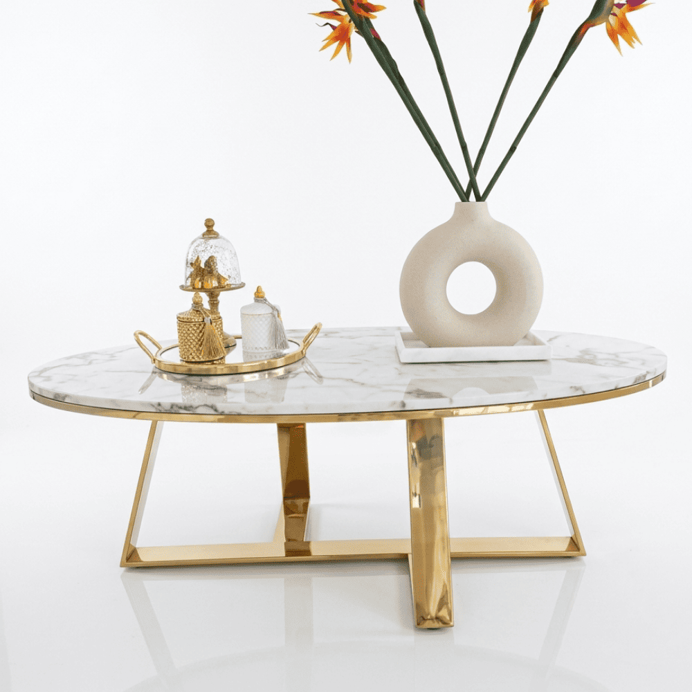 Glamorous gold, modern, oval coffee table 130cm NORMAN