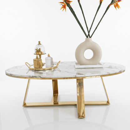 Glamorous gold, modern, oval coffee table 130cm NORMAN