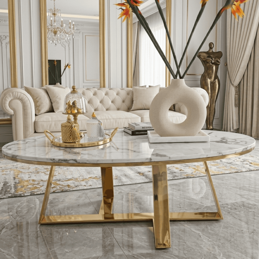 Glamorous gold, modern, oval coffee table 130cm NORMAN