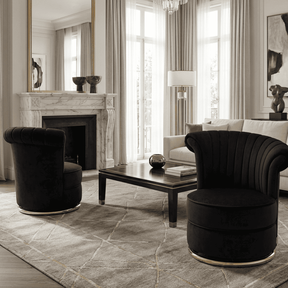 Designer Armchair, velvet, black, gold FLOWER