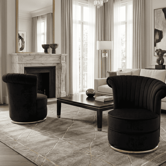 Designer Armchair, velvet, black, gold FLOWER