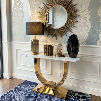 Glamor console in a modern style, with a white marble top, ART DECO gold