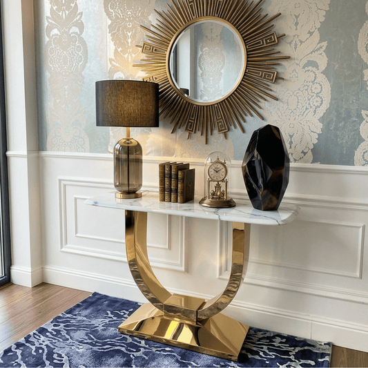 Glamor console in a modern style, with a white marble top, ART DECO gold