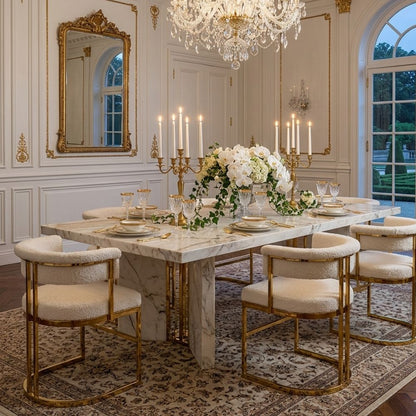 Designer glamor chair, gold, boucle, for the dining room, modern, half-round, for the dressing table, steel MARCO [CLONE]