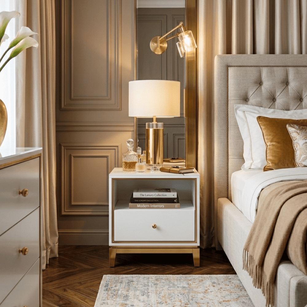 Glamour white gold lacquered bedside cabinet for bedroom Lorenzo S Gold