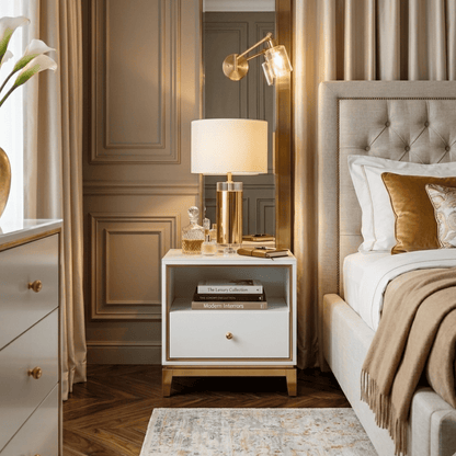 Glamour white gold lacquered bedside cabinet for bedroom Lorenzo S Gold