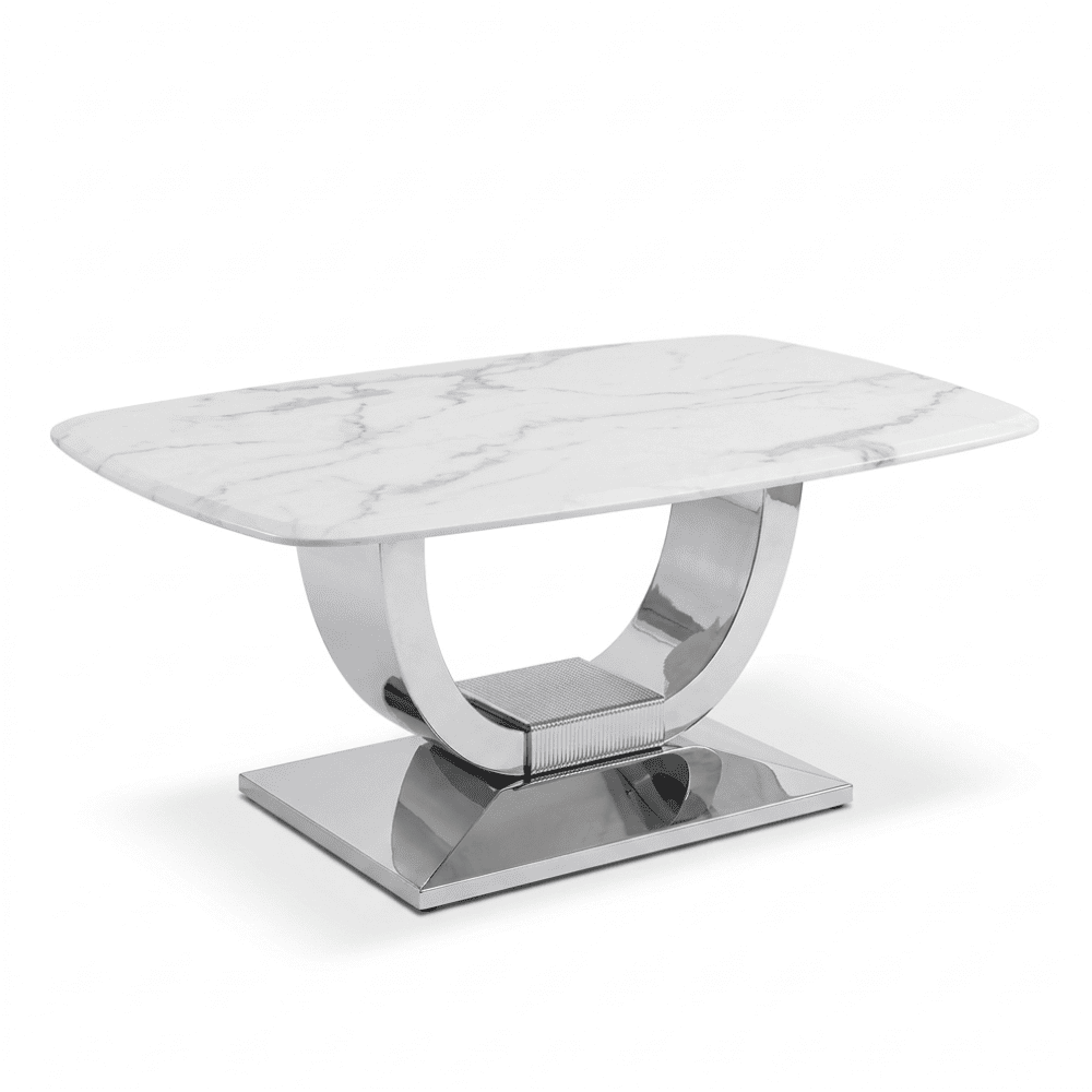 Glamorous coffee table for the living room with a white marble top, silver ART DECO