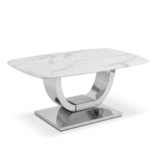 Glamorous coffee table for the living room with a white marble top, silver ART DECO