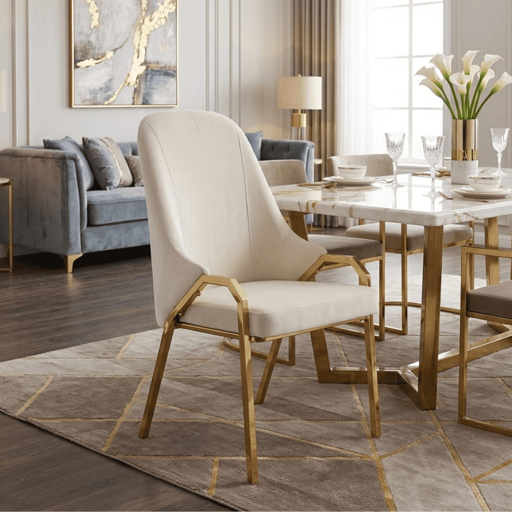Glamor chair with armrests, modern, upholstered, designer, for the dining room, for the dressing table, beige gold SAVOY