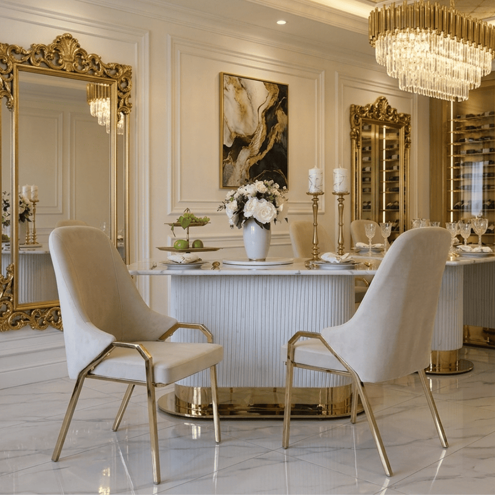 Glamor chair with armrests, modern, upholstered, designer, for the dining room, for the dressing table, beige gold SAVOY
