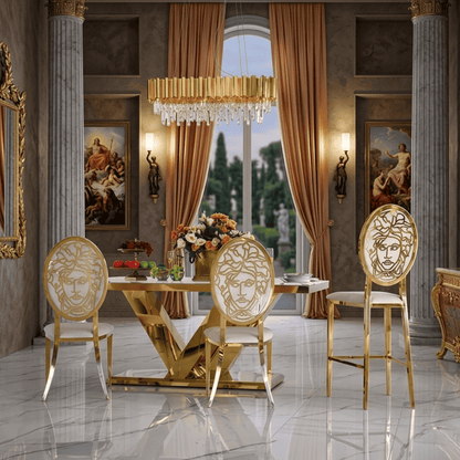 Luxurious, modern, glamor, island stool, beige, gold Medusa
