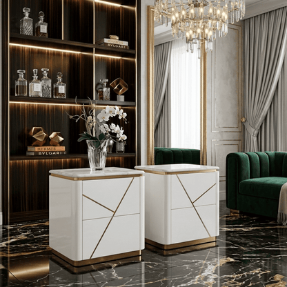 Glamor bedside table lacquered high gloss white gold for the bedroom AVENUE