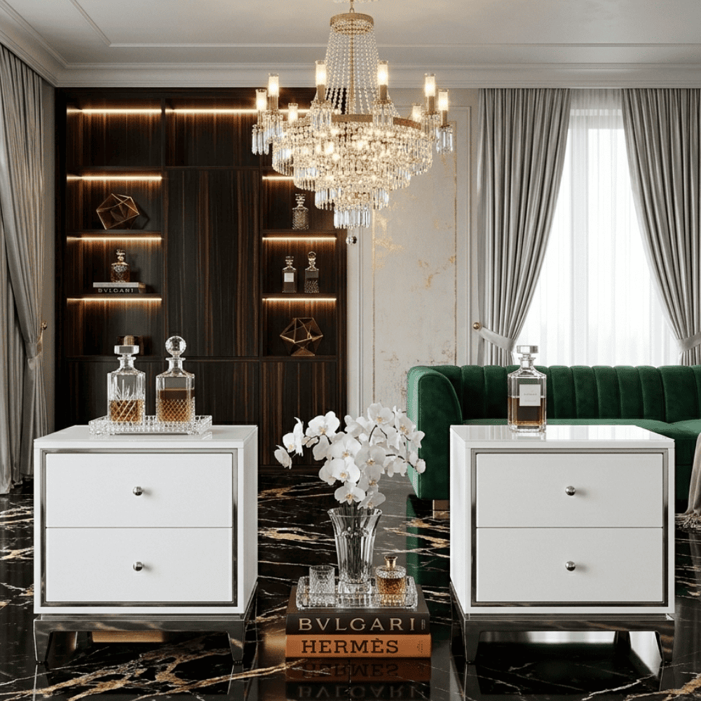 Lorenzo S Silver Lacquered white and silver glamour bedside cabinet for the bedroom