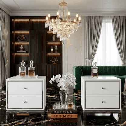 Lorenzo S Silver Lacquered white and silver glamour bedside cabinet for the bedroom