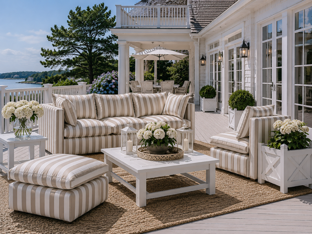 Mery 2 Outdoor Pouf with white and beige stripes