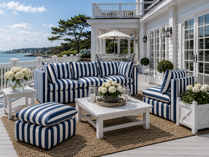 Mery Outdoor Pouf with white and navy blue stripes