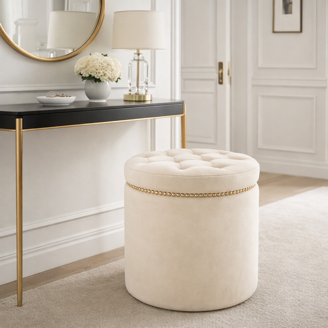 Gala Round quilted Pouffe with gold Karo rivets