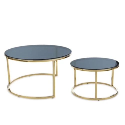 Gaby Set of gold coffee Tables with a smoked Top