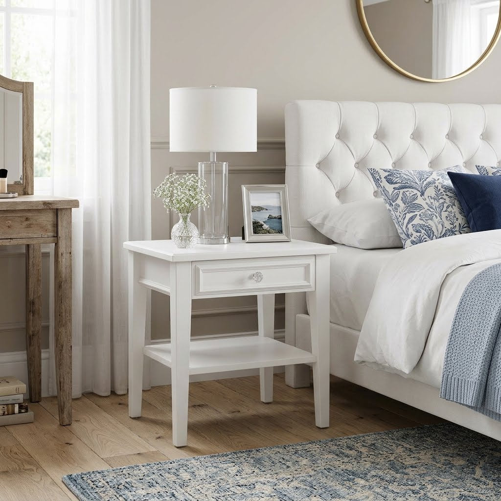 Seily white bedside Table with shelf