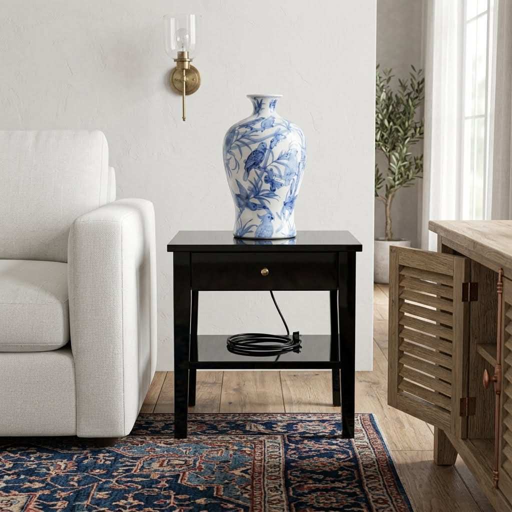 Beily black high gloss Nightstand with shelf